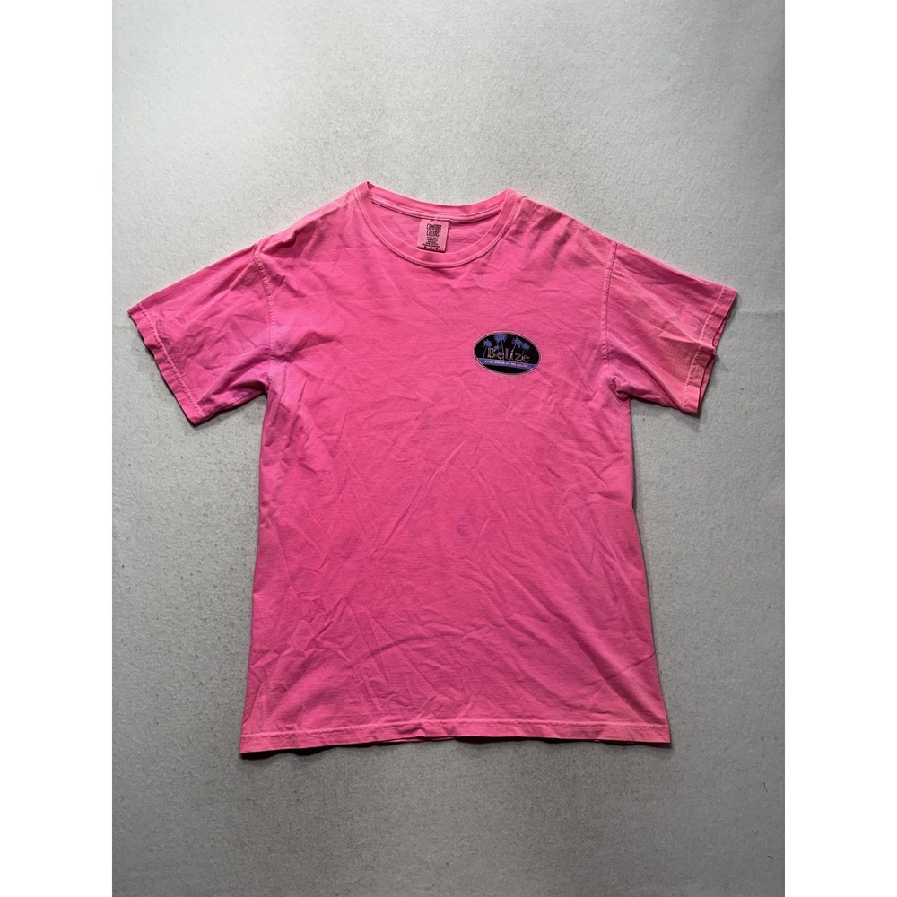 Comfort Colors Shirt Mens Medium Pink Belize Graphic Tee Tropical Travel Beach